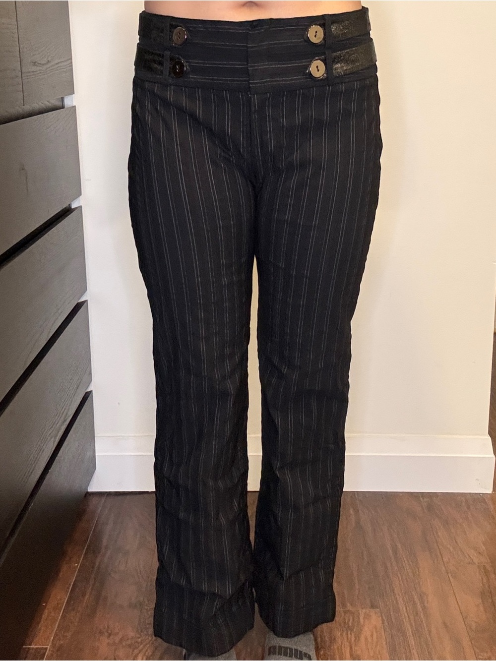 Black Pinstripe Straight Leg Pant with Cute Belt Details